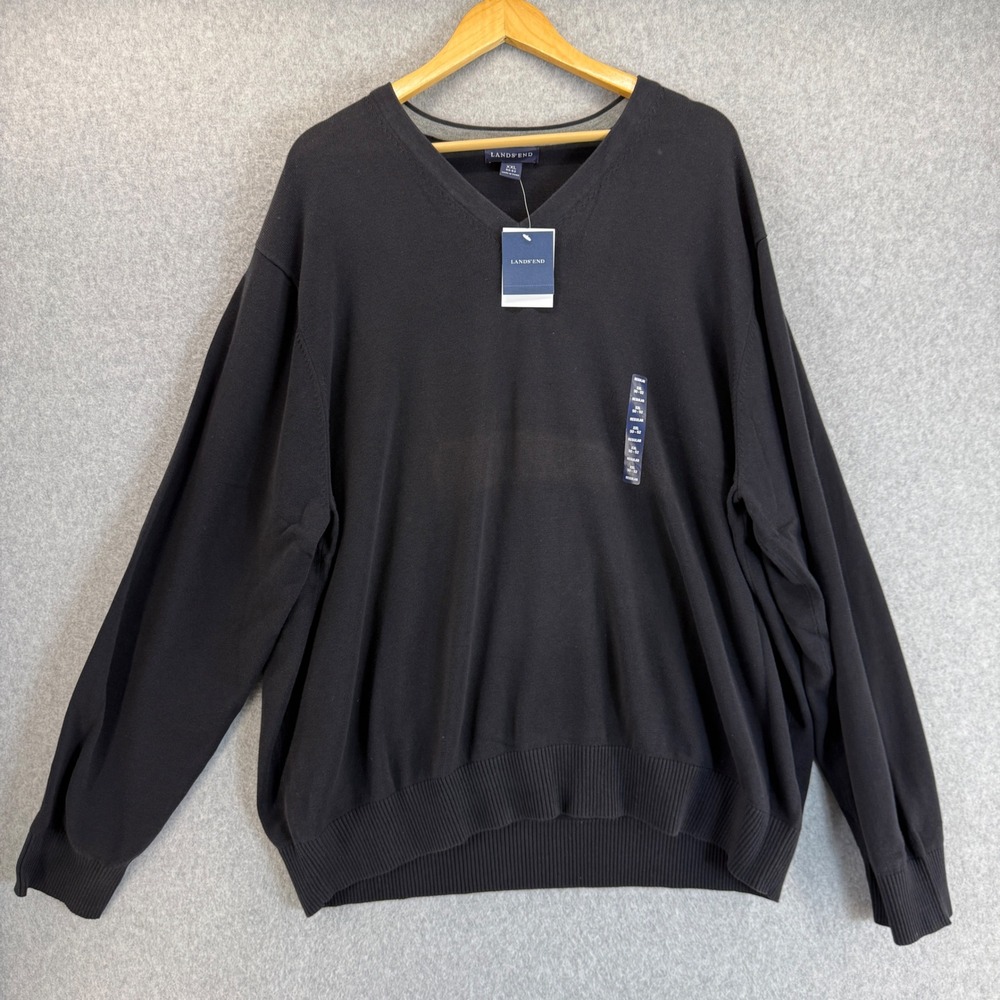 Lands' End V-Neck Knit Sweater Black Cotton Long Sleeve Mens Size XXL NWT FLAW